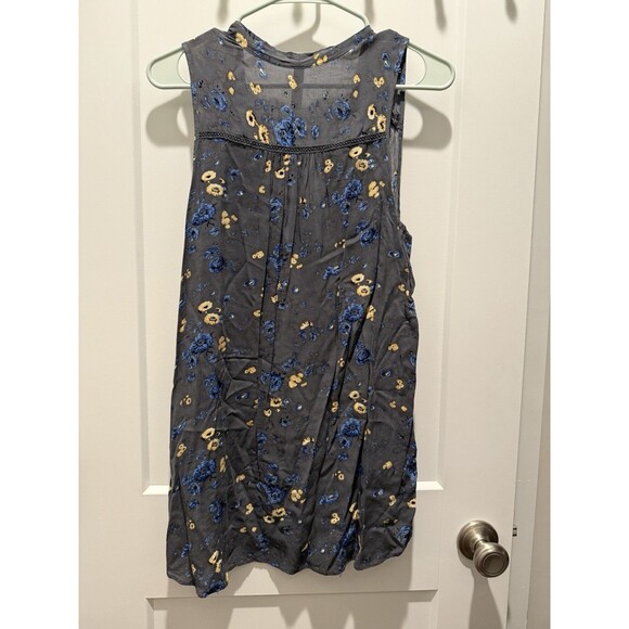 FREE PEOPLE Sleeveless Blouse Women M Hi-Low Ribbon BOHO Tunic Floral Rayon Gray - Picture 4 of 4